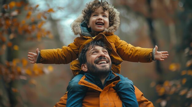 Portrait d'un enfant heureux sur l'épaule de son père avec un fond flou de la route extérieure et de l'espace pour le texte IA générative