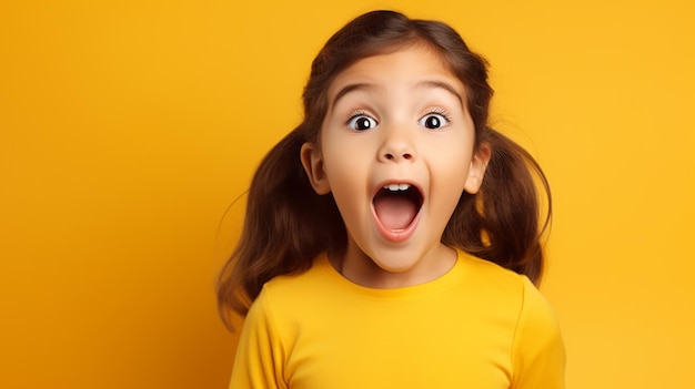 Portrait d'un enfant heureux, excité, étonné, à la bouche ouverte, isolé sur la couleur jaune.