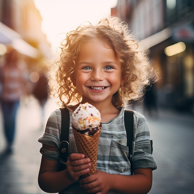 portrait d'un enfant heureux et mignon avec un cône de crème glacée