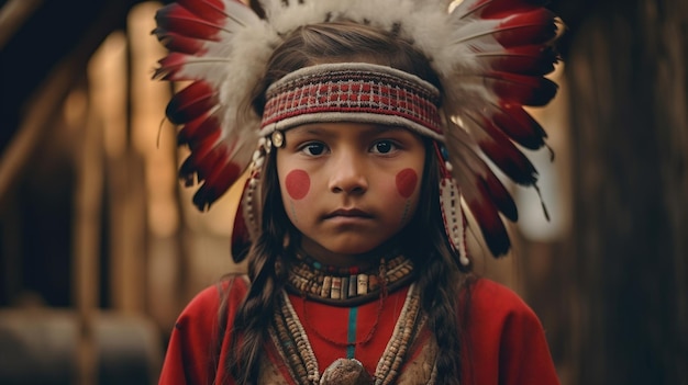 Portrait d'un enfant indien rouge indigène dans le contexte d'une colonie en costume national généré par l'IA