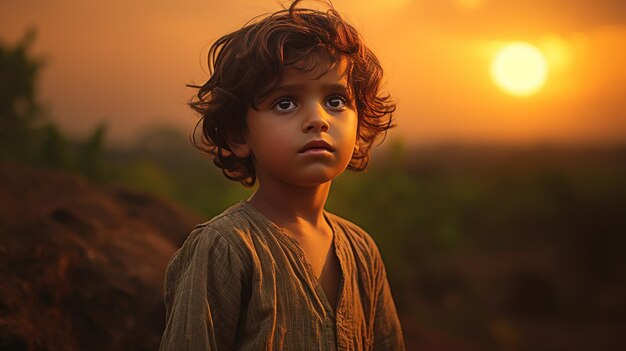 portrait enfant indien se sentant triste dans la campagne