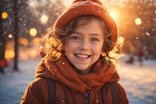 Portrait d'un enfant joyeux, souriant et insouciant en hiver, génératif par IA