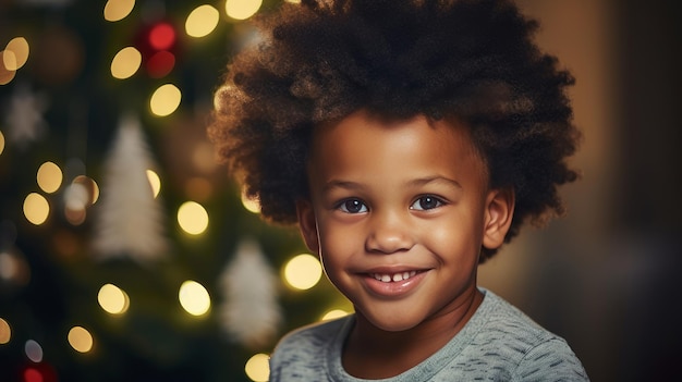 Portrait d'un enfant noir heureux près de l'arbre du Nouvel An la veille de Noël