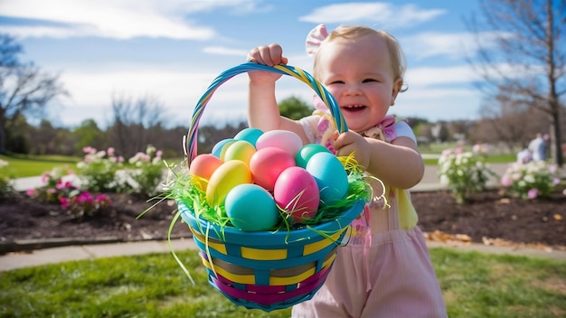 Photo portrait d'un enfant avec un panier de pâques avec des œufs à l'extérieur