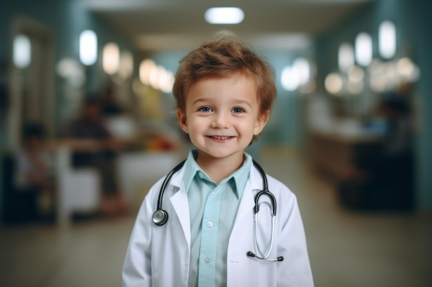 Portrait d'un enfant portant un uniforme de médecin avec un stéthoscope dans un hôpital génératif ai