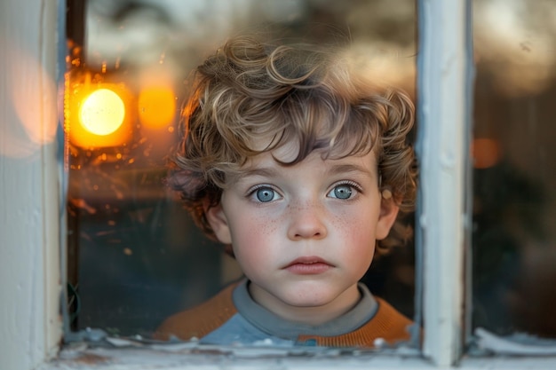 portrait d'un enfant regardant avec curiosité l'appareil photo à travers une fenêtre reflétant le coucher de soleil