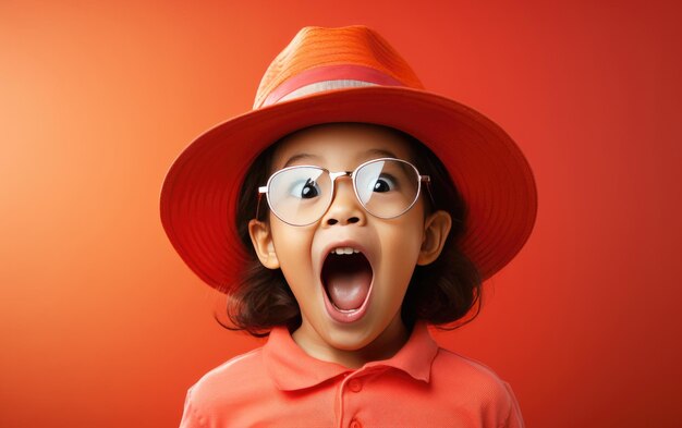 Portrait d'un enfant en vêtements de couleur solide portant un chapeau et ouvrant la bouche en riant et excité
