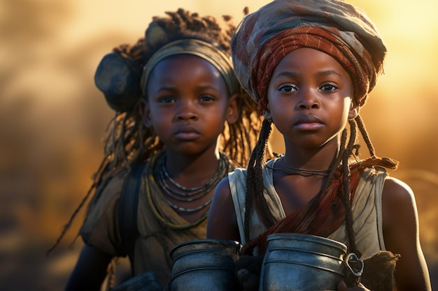 Portrait d'enfants africains portant de l'eau généré par l'IA