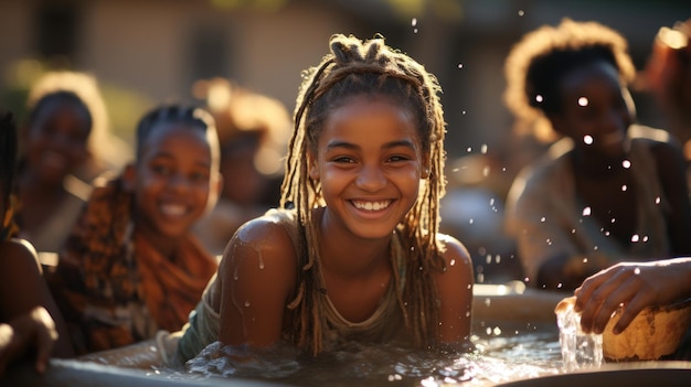 Portrait d'enfants africains s'amusant dans un bain à remous à Bandiagara Mali