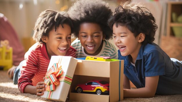 Photo portrait d'enfants et boîte à cadeaux ouverte