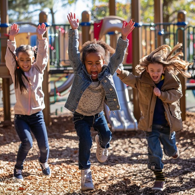 Photo portrait d'enfants enthousiastes qui jouent à l'extérieur