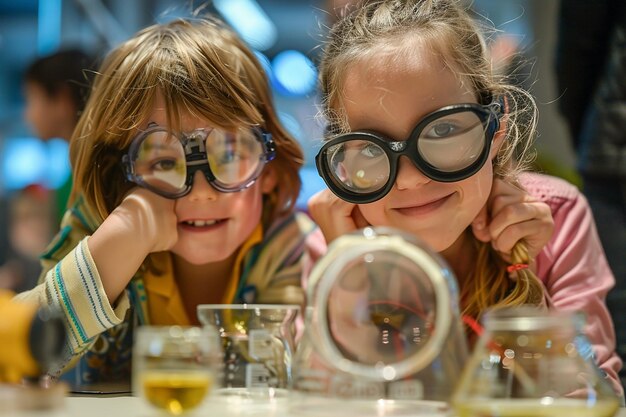 Photo portrait d'enfants fascinés par la science dans le laboratoire curiosity