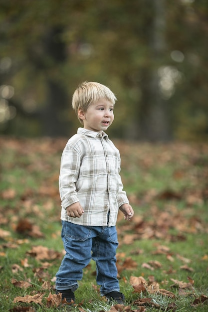 Portrait d'enfants avec des feuilles jaunes à l'extérieur en automne