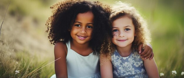 portrait d'enfants multiculturels qui traînent ensemble avec des amis à la campagne