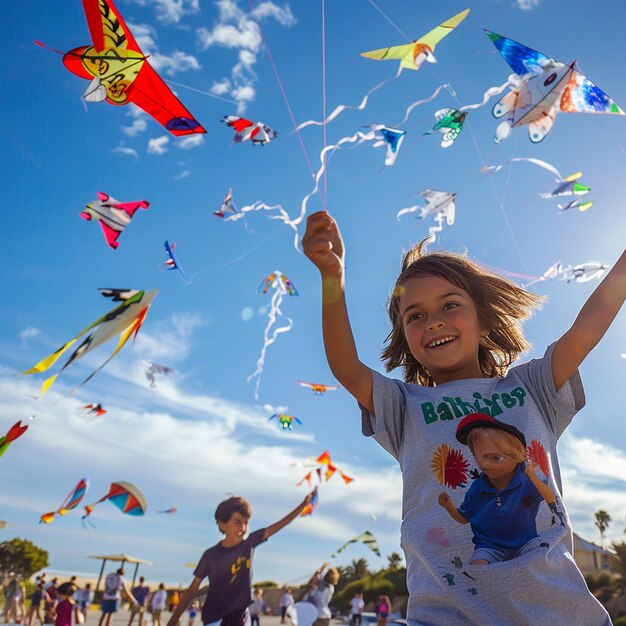 Photo portrait d'enfants qui s'amusent à faire des cerfs-volants et à les faire voler