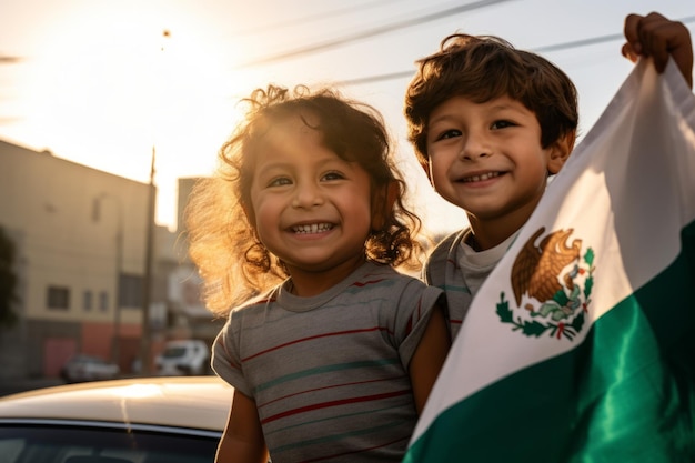 portrait d'enfants souriants en chemises et jeans debout ensemble en ville