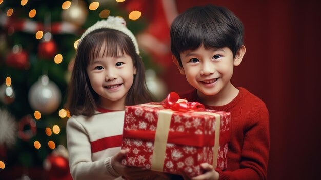 Portrait d'enfants tiennent une boîte cadeau de Noël avec sur fond d'arbre de Noël