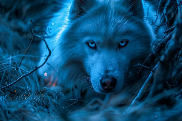 Le portrait énigmatique d'un loup mystique caché dans les ombres de la nature