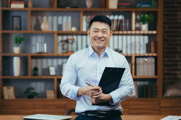 Portrait d'un enseignant asiatique à succès, un homme en chemise regardant la caméra et souriant dans le bureau classique du directeur de l'université
