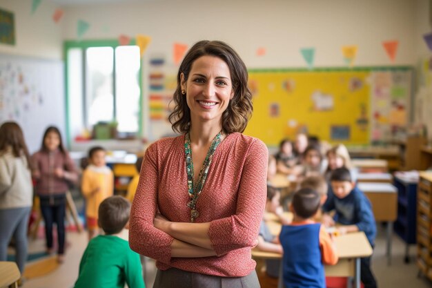 Photo portrait d'un enseignant souriant dans une classe d'école primaire regardant la caméra avec des élèves qui apprennent