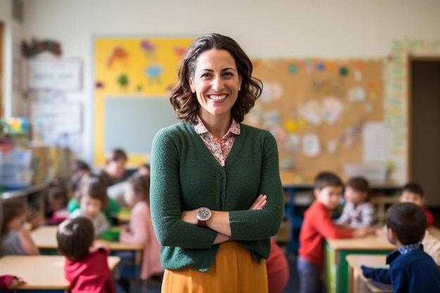 Photo portrait d'un enseignant souriant dans une classe d'école primaire regardant la caméra avec des élèves qui apprennent
