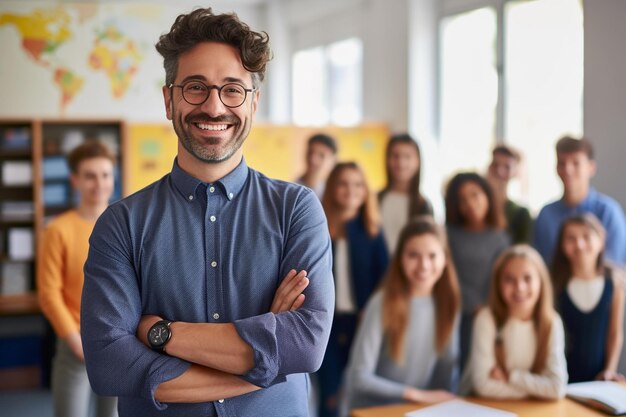 Portrait d'un enseignant souriant dans une classe d'école primaire regardant la caméra