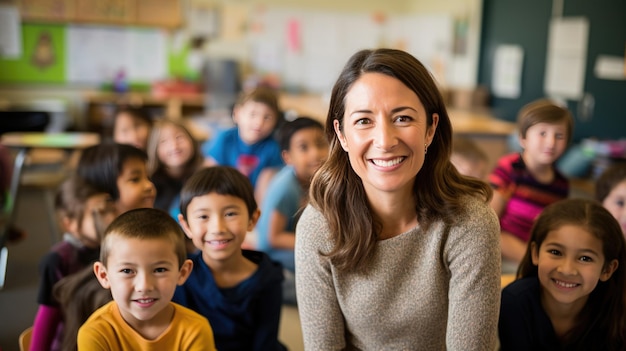 Portrait d'une enseignante heureuse en classe devant des élèves