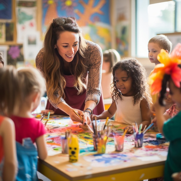 Portrait d'une enseignante souriante et d'enfants peignant en classe à l'école