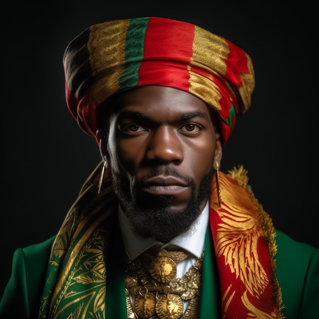 portrait d'un entrepreneur africain aux traits majestueux de lion vêtu d'un costume traditionnel