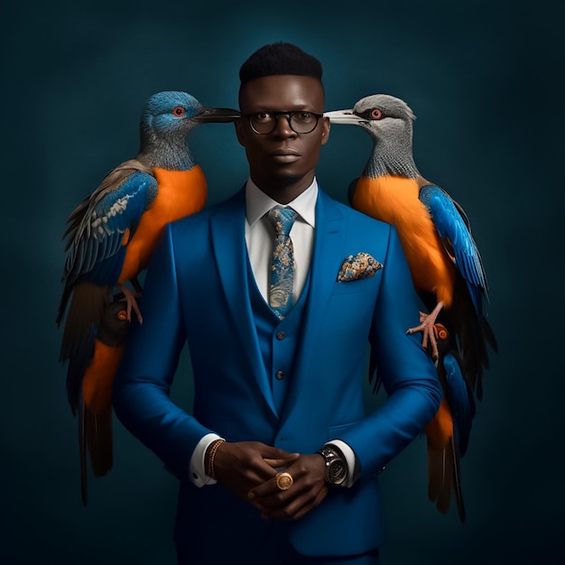 portrait d'un entrepreneur africain avec des oiseaux martin-pêcheur sénégalais vêtu d'un costume 03 pièces