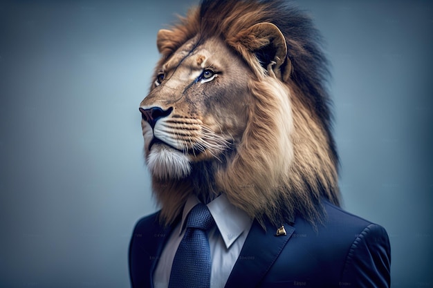 Portrait d'entreprise lion mâle en costume d'affaires sur fond de bâtiments dans le bokeh l'énergie d'un leader et d'un leader force et confiance l'animal Generative AI