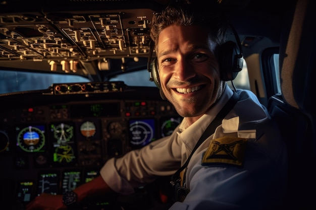 Photo portrait environnemental d'un pilote dans le cockpit d'un avion prêt au décollage ia générative