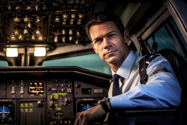 Photo portrait environnemental d'un pilote dans le cockpit d'un avion prêt au décollage ia générative