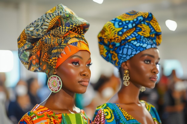 Un portrait époustouflant de deux femmes africaines en coiffure traditionnelle et en tenue vibrante d'Ankara