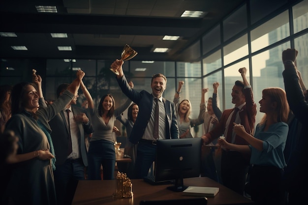 Portrait d'une équipe célébrant avec un trophée