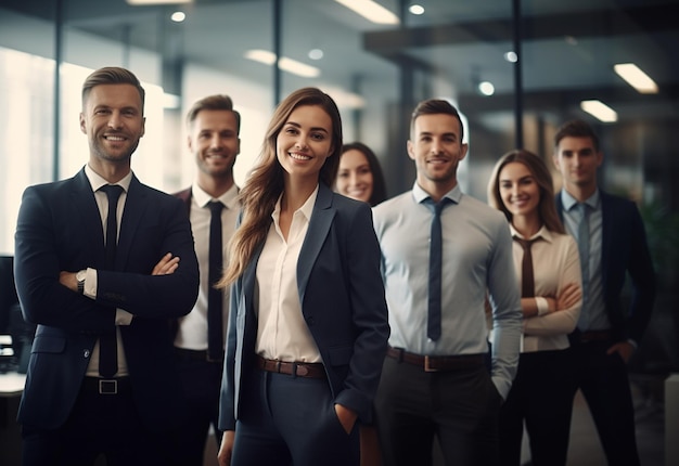 Portrait d'une équipe commerciale qui rit debout au bureau