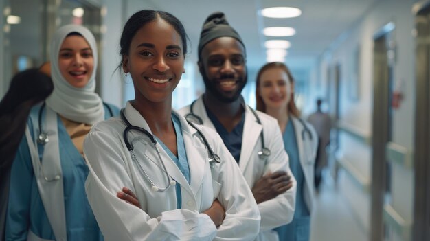 Portrait d'une équipe médicale multiculturelle souriante dans le couloir de l'hôpital