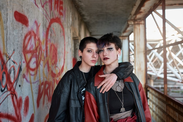 Portrait esthétique pop punk de femmes posant à l'intérieur du bâtiment
