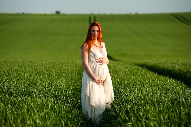 Portrait d'été de belle femme enceinte marchant sur le champ vert