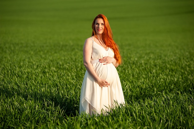 Portrait d'été de belle femme enceinte marchant sur le champ vert