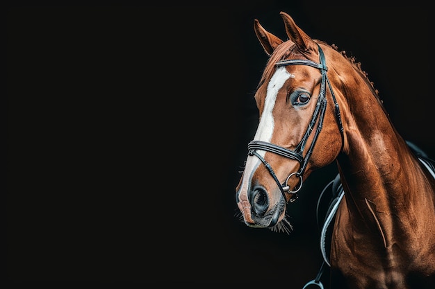 portrait d'un étonnant cheval de dressage châtaignier en bride isolé sur un fond noir