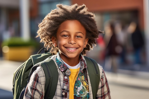 Portrait d'un étudiant afro-américain prêt pour le premier jour d'école portant un sac à dos et posant avec un grand sourire IA générative