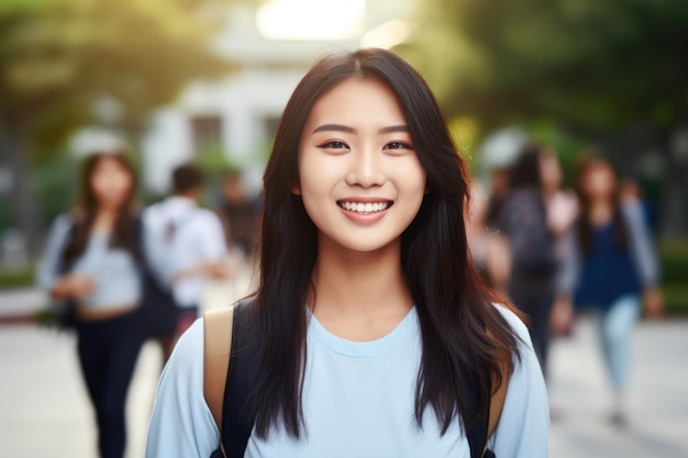 Portrait d'étudiant asiatique heureux avec des amis sur fond de campus universitaire Éducation future