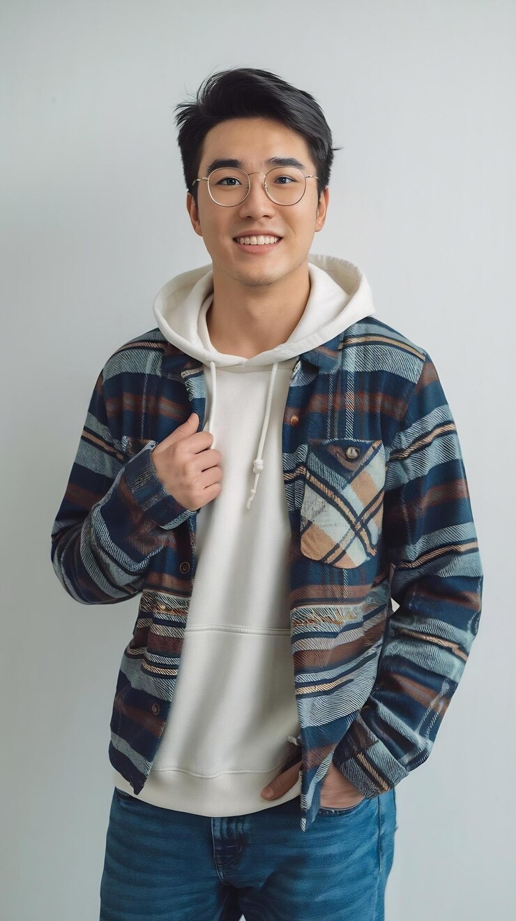 Photo portrait d'un étudiant asiatique posant sur un fond blanc