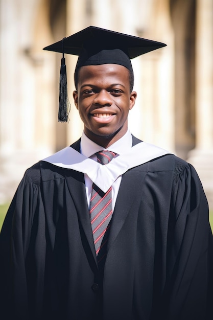 portrait d'un étudiant universitaire debout à l'extérieur le jour de la remise des diplômes créé avec une ai générative