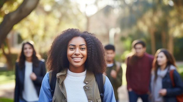 Portrait d'une étudiante afro-américaine souriante sur le campus universitaire avec des camarades de classe en arrière-plan