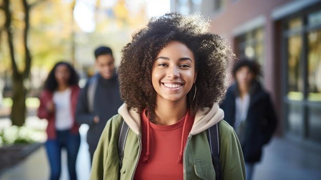 Portrait d'une étudiante afro-américaine souriante sur le campus universitaire avec des camarades de classe en arrière-plan