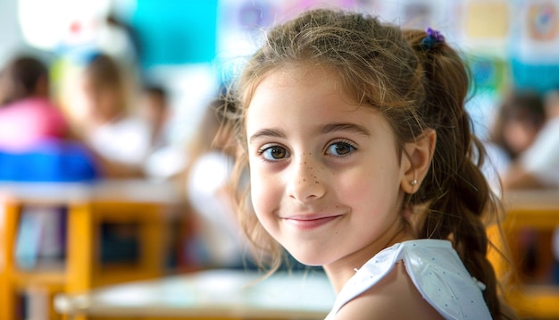 Portrait d'une étudiante assise dans une salle de classe