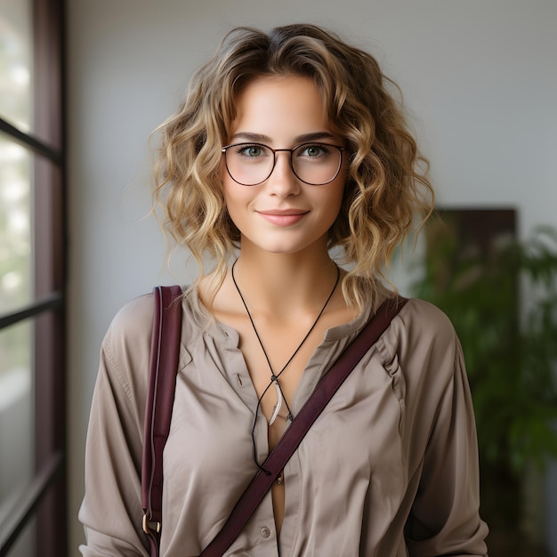 Portrait d'une étudiante du collage souriante en tenue décontractée