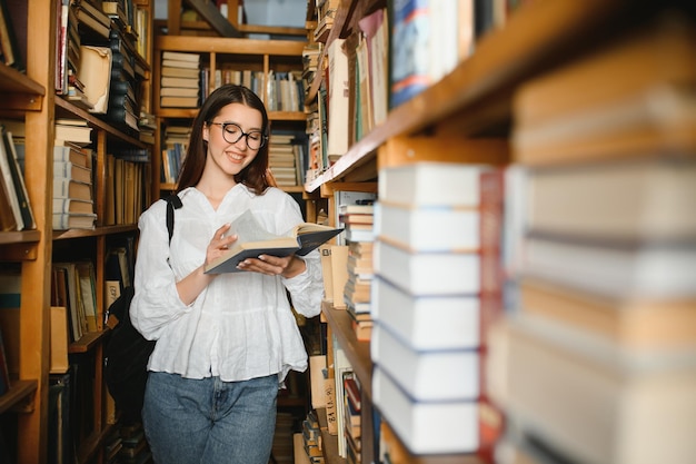 Portrait d'une étudiante étudiant à la bibliothèque